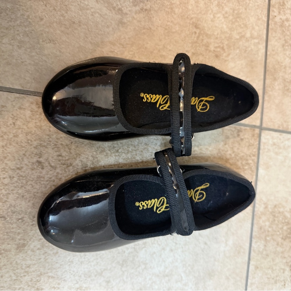 Black Patent Mary Jane Tap Shoes with Decorative Strap